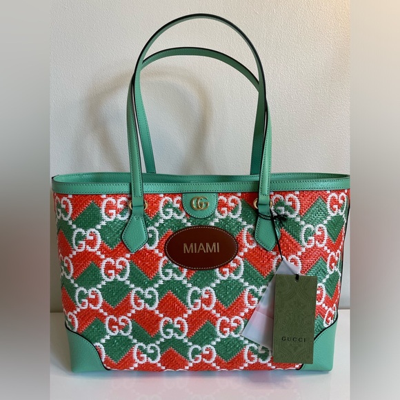 NWT GUCCI Ophidia Miami Straw Medium Straw tote bag GG Raffia - Picture 3 of 12